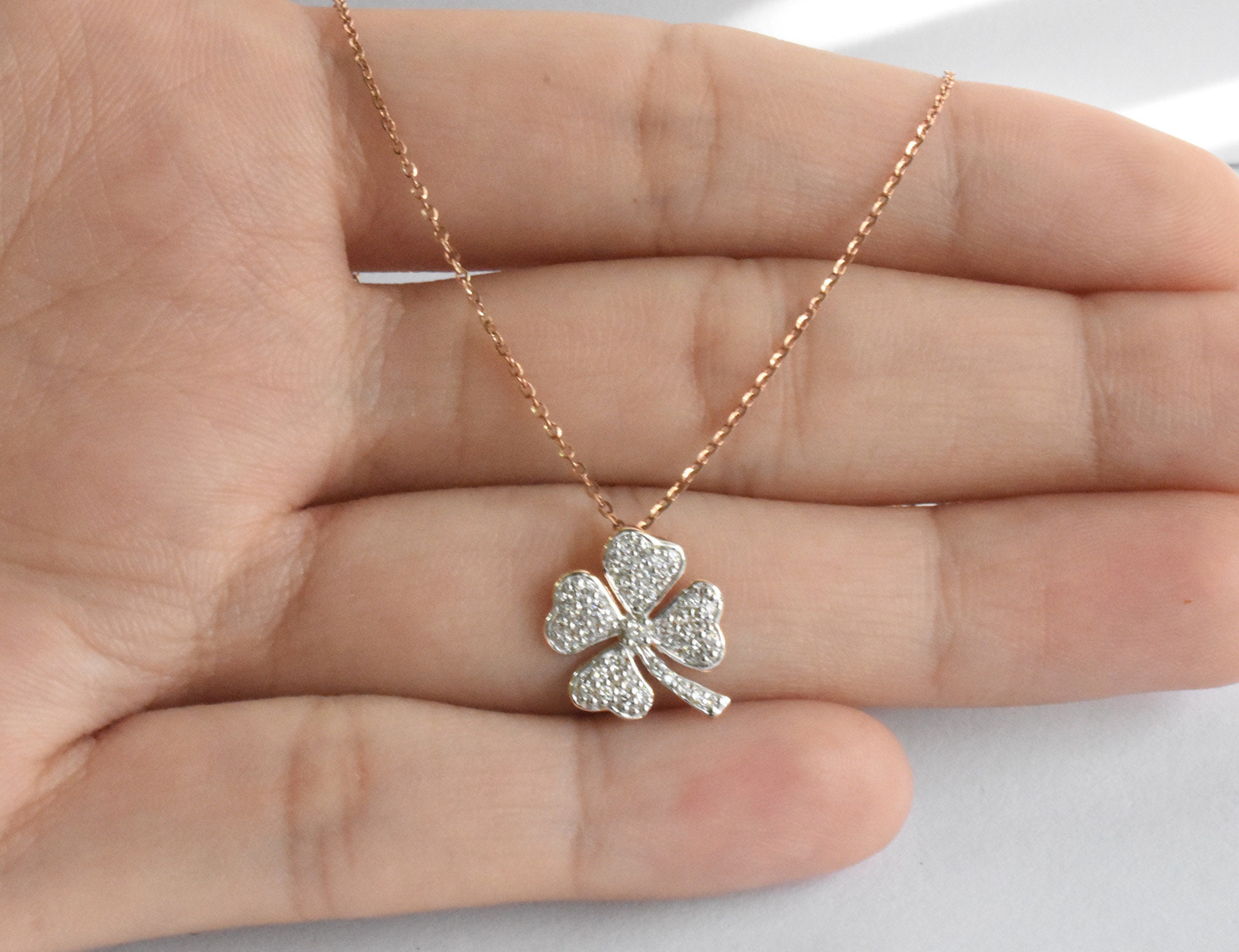 Diamond Clover Charm Necklace / 10k 14k 18k Gold Four Leaf Etsy