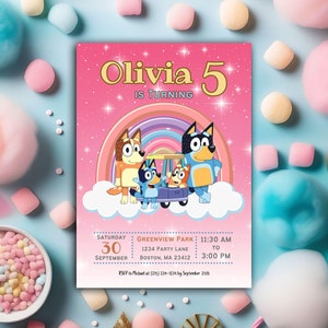 Bluey Birthday Invitation, Pink Background, Bluey Themed Birthday