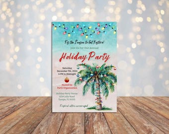 Tropical Christmas, Holiday Party Invitation Template, Palm tree with Christmas lights, beach background