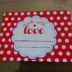 24 Sticker Aufkleber Etiketten made with love Sticker, selbstklebend, polka dots, rot -weiss,