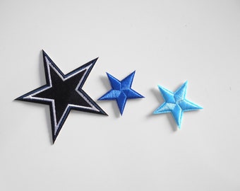 3 stars, star, patch, dark blue, blue, turquoise applique, for ironing on, fabric