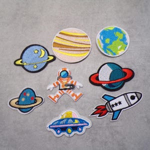 XXL Set Weltall Planet Patch  gestickt zum Aufbügeln Applikation  Patches  Rakete Astronaut Planeten Stoff
