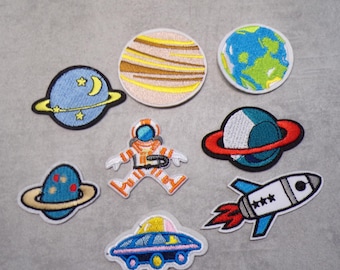 XXL Set Weltall Planet Patch  gestickt zum Aufbügeln Applikation  Patches  Rakete Astronaut Planeten Stoff