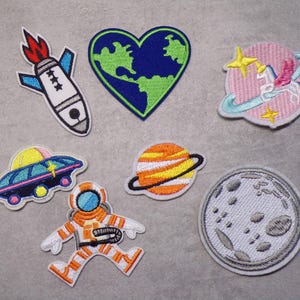 Set Weltall Planet Patch  gestickt zum Aufbügeln Applikation 7 Patches Astronaut Rakete