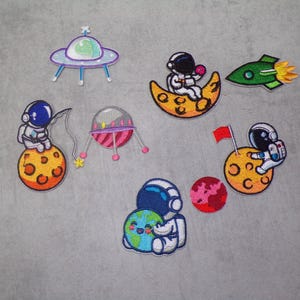 Ruimte, astronaut, geborduurde stickers, stof, maan, aarde, terug naar school, schoolkegel, tas, rugzak