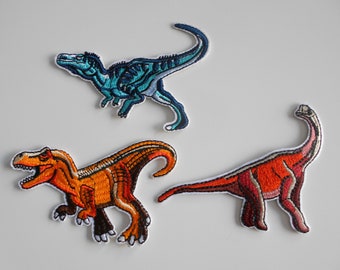 Various dinosaurs, dinosaurs, as SET or SINGLE, patch application press, fabric, embroidered