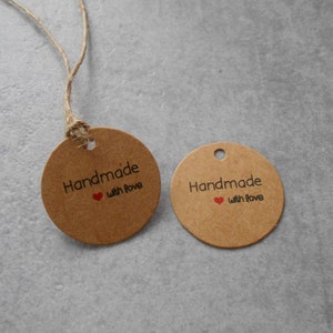 Runde Tags Etiketten Handmade with love Geschenkanhänger mit Band natur