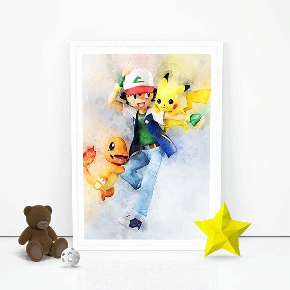 Pokemon Poster Pokemon Ash Pikachu Print Pokemon Printable Print Watercolor Game Instant Download Nursery Wall Decor Birthday Wall Hanging