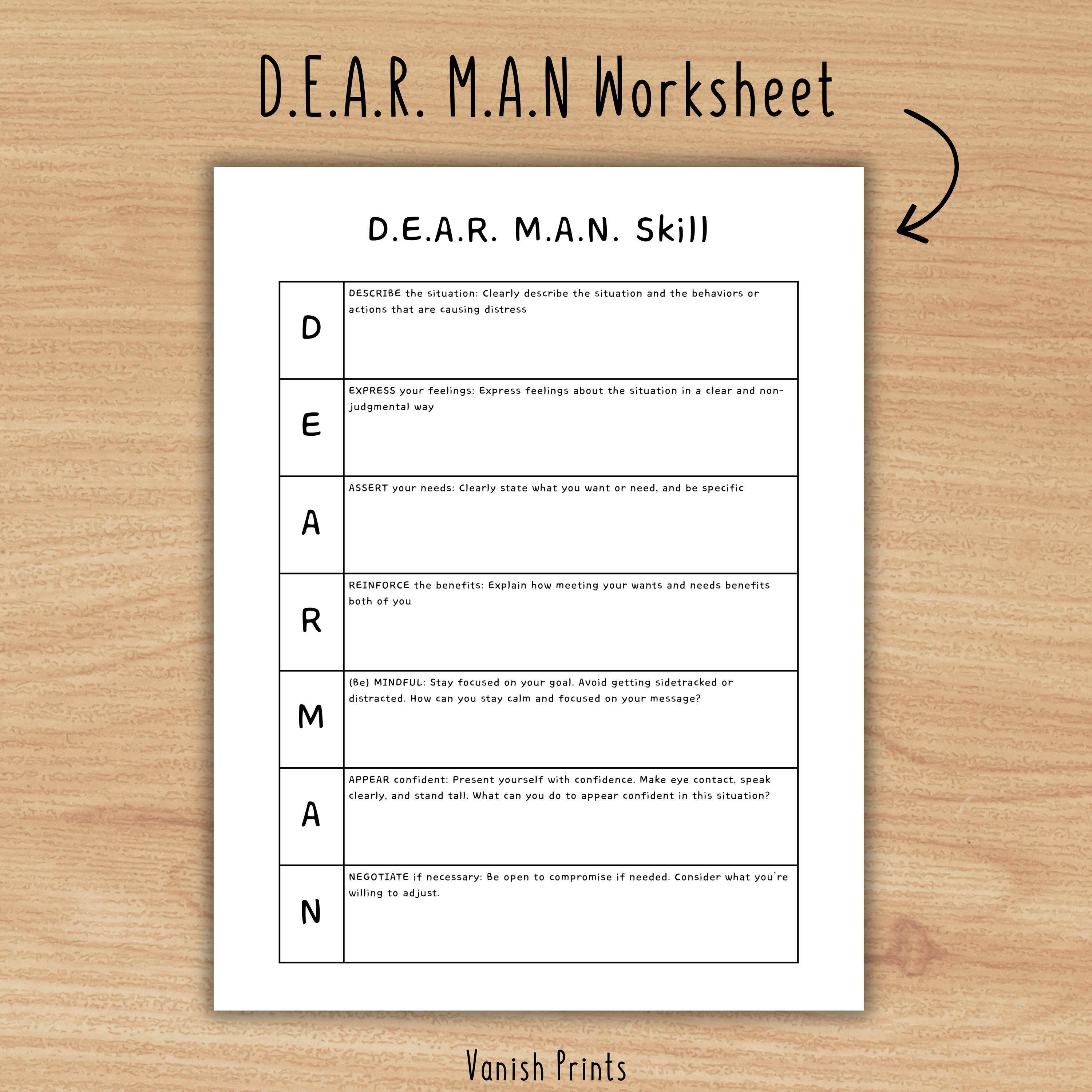 DEAR MAN DBT Skills Worksheets, Dialectical Behavior Therapy Tools ...