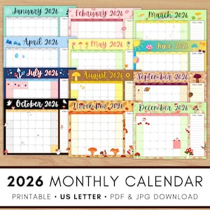 May include: A collection of 2026 monthly calendars, each with a unique color scheme and decorative elements. Months include January, February, March, April, May, June, July, August, September, October, November, and December. The calendars are labeled "US Letter" and available as PDF and JPG downloads.
