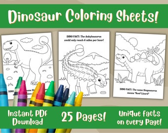 Può includere: Fogli da colorare di dinosauri con la scritta "Dinosaur Coloring Sheets!" in uno striscione verde. I fogli presentano disegni al tratto di dinosauri con fatti. L'immagine include anche il testo "Instant PDF Download", "25 Pages!" e "Unique facts on every Page!" con pastelli colorati.
