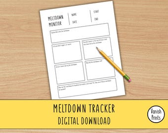 Può includere: Un foglio stampabile bianco "Meltdown Monitor" con sezioni per registrare trigger, livelli sensoriali e soluzioni. Una matita gialla è appoggiata sul foglio. Il banner in basso recita "MELTDOWN TRACKER DIGITAL DOWNLOAD".