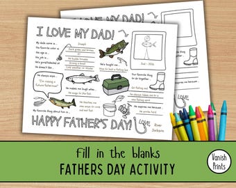 All About Dad Fishing Activity Worksheet, Fill-in-Blanks Father's Day (Digital Download)
