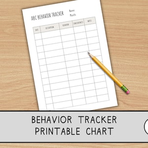 May include: A white printable behaviour tracker chart with the title "ABC Behaviour Tracker" and sections for date, description, behaviour, consequences, and notes. A yellow pencil with a pink eraser rests on the chart. The chart is on a wooden surface.