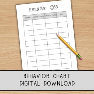 May include: A white Behavior Chart with a grid layout, featuring sections for date, description, consequence, and notes. A yellow pencil rests on the chart. The text "BEHAVIOR CHART DIGITAL DOWNLOAD" is at the bottom.