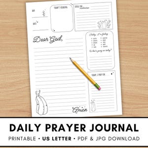 May include: A white paper prayer journal sheet with black ink text and line drawings of pumpkins. The page includes sections for Today's Reading, Verse for Meditation, Dear God, Today I'm Feeling, and Today I Pray For. A yellow pencil lies diagonally across the center.