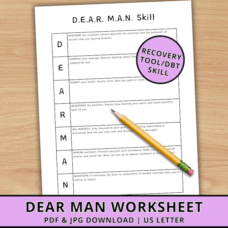 DEAR MAN DBT Skills Worksheets, Dialectical Behavior Therapy Tools ...
