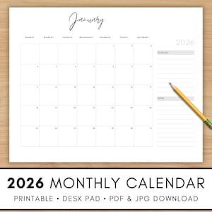 Pode incluir: Calendário mensal branco de 2026 com janeiro exibido. Inclui uma lista de tarefas e uma seção de notas. Um lápis amarelo está à direita. O texto "2026 MONTHLY CALENDAR" está na parte inferior. Calendário imprimível.