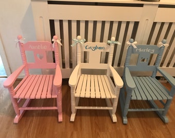 Personalised wooden children’s rocking chair. Pink, blue or white. Birthday. Christmas. Easter. Christening gift. First birthday.