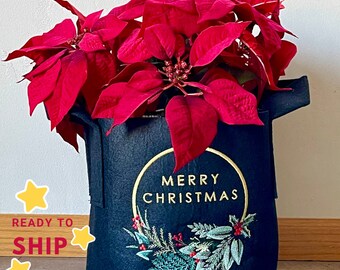 Merry Christmas Embroidered Plant Pot Holder Great Gift Nonwoven Planter Decorative Storage Bin with Handles