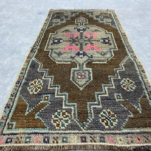 Brown Beige Small Rug 1.4x2.9 ft, Vintage Small Rug, Small Bedroom Rug, Boho Oriental Doormat, Small Laundry Rug, Turkish Small Area Rug