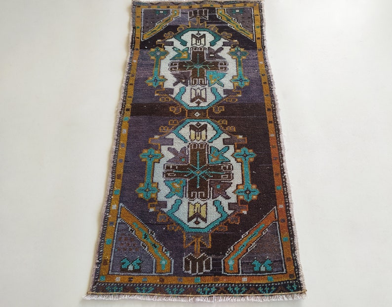 Oushak Small Runner Rug Pastel Color Purple Small Carpet Vintage Hand-Woven Small Rug Door Mat 52x106 cm, TURKISH SMALL RUG 1.7x3.4 ft