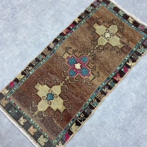 TURKISH SMALL RUG 1.6x3.3 ft, Vintage Handmade Small Mat Rug, Oushak Brown Blue Small Door Mat, Boho Small Carpet, Persian Rug, 49x101 cm