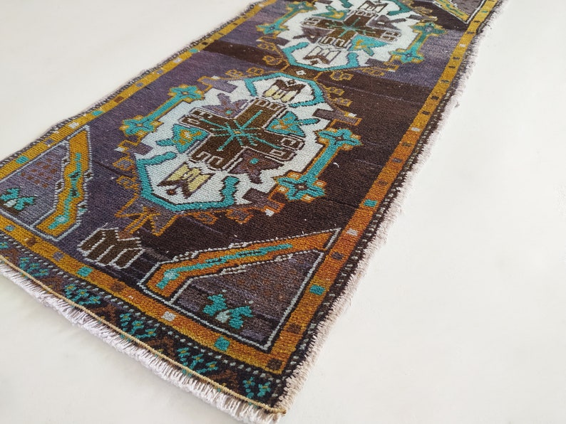 Oushak Small Runner Rug Pastel Color Purple Small Carpet Vintage Hand-Woven Small Rug Door Mat 52x106 cm, TURKISH SMALL RUG 1.7x3.4 ft