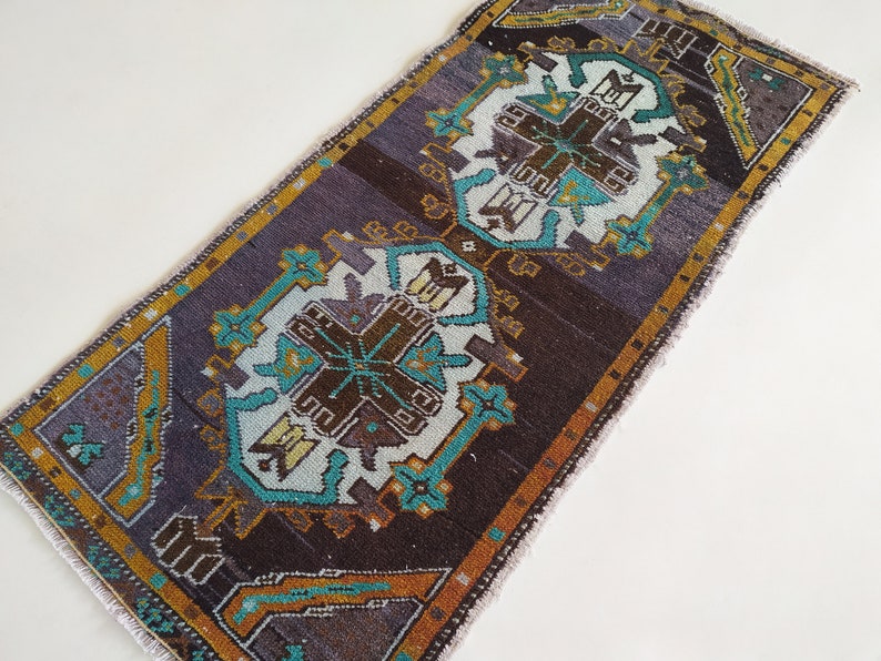 Oushak Small Runner Rug Pastel Color Purple Small Carpet Vintage Hand-Woven Small Rug Door Mat 52x106 cm, TURKISH SMALL RUG 1.7x3.4 ft
