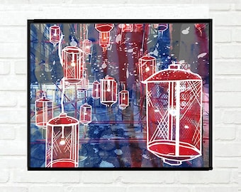 Lanterns in Beijing Splatter Painting, Beijing, China, Painting Splatter Print, Printable Wall Art Print, Digital Download