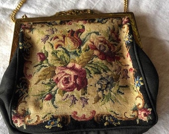 Vintage Small Embroidered / Tapestry Wool and Silk Evening Bag