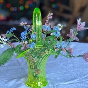 Very Vintage 9 Stems French Glass Beaded Flowers and Vintage Glass Green Vasoline Brides Basket Early 1900s