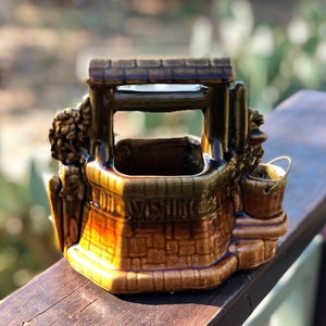 McCoy Pottery Vintge Ceramic Wishing Well Planter with Bucket Bud Vase on Side