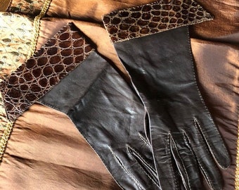 Beautiful Vintage Dark Brown Kid Leather Women's Gloves with Alligator Cuffs