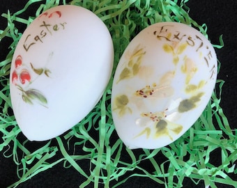 Two Antique Victorian Hand Blown, Hand Painted, White Satin Finish Collectible Glass Easter Eggs