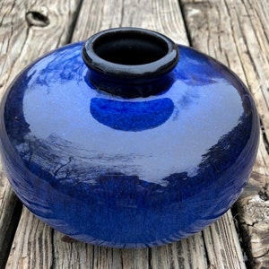 Steuler Vintage West Germany Vase Form 130/10 Deep Blue With Black High Gloss Glaze Mid Centry Modern