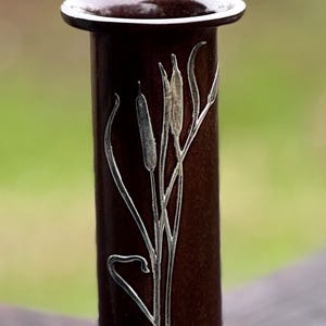 Circa 1915 Heintz Art Metal Shop Art & Crafts Sterling Silver on Bronze Vase Cattail Motif