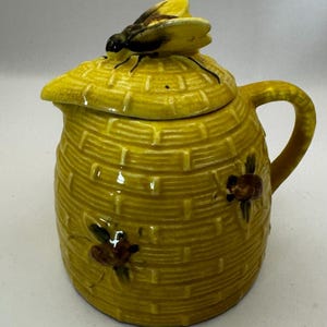 Vintage jaren 1950 - 1960 keramische bijenkorf honingpot, siroopkan met deksel en kurk