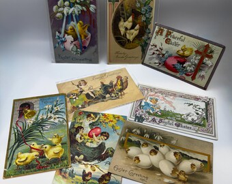 Pasen! 8 antieke ansichtkaarten met paasreliëf en postzegels van 1 cent
