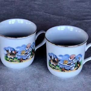 Sweet Vintage Set of Two Porcelain Children&#39;s Mugs Animal Scenes Czechoslovakia