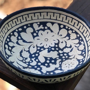 Vintage Mexican Hand Carved, Etched, Incised and Lacquered Gourd Bowl / Animals, Birds and Flowers
