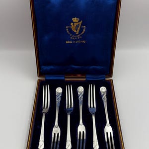 Set of 6 Antique Sheffield/ Wingfield Rowbotham & Co Dessert/ Cocktail Forks, 1892 to Early 1900s