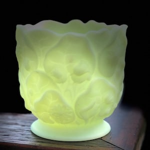 Fenton Vintage Uranium / Custard / Satin Glass Bowl With Pressed Flowers and Leaves