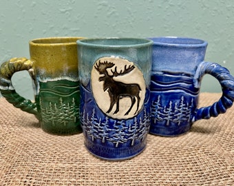 Handmade/Moose Mug/Coffee Mug/Ceramic/Pottery/Forest/Trees/Drink-ware/Cottage/Cabin Decor/Up North/Northwoods/Slab Built/Animal Lover