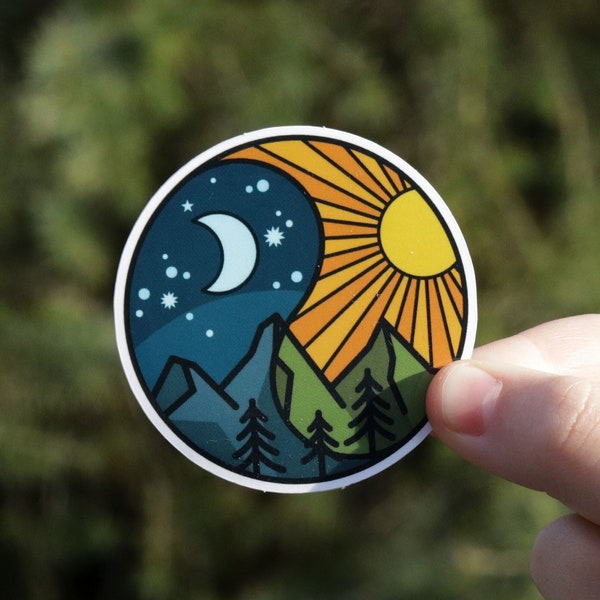 Yin and Yang, Wilderness Sticker |  UV resistant, waterproof Decal, Laptop, Waterbottle, Decal | Mountain Day and Night, Moonscape, Sunset