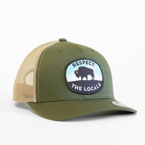 Respect The Locals Bison Patch Trucker Hat - Yupoong Snapback