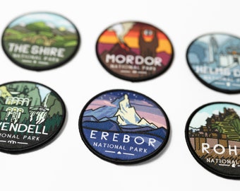 Middle-Earth National Parks 6 Patch Collection | Iron/sew on Patch | LOTR, The Shire, Mordor, Rivendell, Erebor, Helm's Deep, Rohan