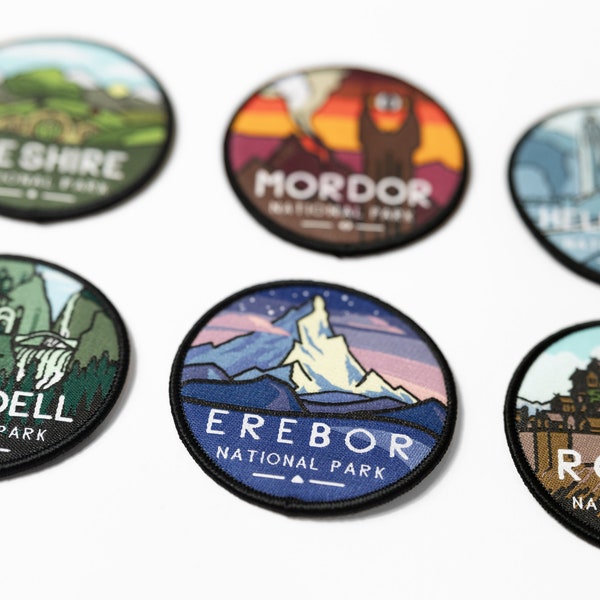 Middle-Earth National Parks 6 Patch Collection | Iron/sew on Patch | LOTR, The Shire, Mordor, Rivendell, Erebor, Helm's Deep, Rohan