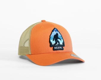 Bigfoot Believe Cap |  Vintage Trucker Hat - Orange | For the Sasquatch Believer