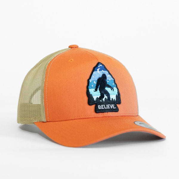 Bigfoot Believe Cap |  Vintage Trucker Hat - Orange | For the Sasquatch Believer